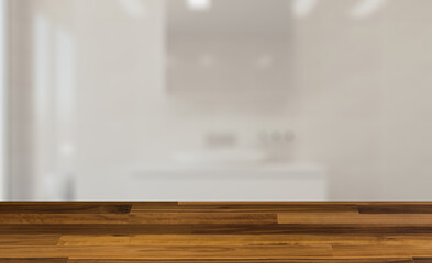 Scandinavian bathroom, classic  vintage interior design. 3D rend. Background with empty wooden table. Flooring.