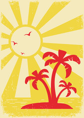 Tropical island vintage old poster background with palm trees and sunshine. Vector retro poster sea nature