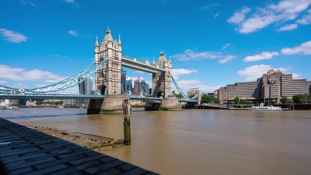 Day Timelapse view of Tower Bridge, the London skyline and the Thames River