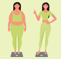 Before and after weight loss concept. Young sad overweight woman and happy woman with a slender body standing on a scale. Fat and slender girls vector illustration. Slim posture and obesity