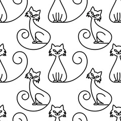 Vector seamless pattern: linear siting cats, black outline on white. Line art design with cute cartoon animals for textile, wrapping paper, wallpaper.