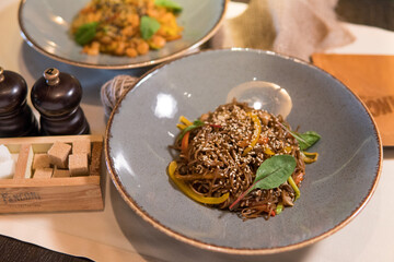 Japanese buckwheat noodles fried with vegetables and shrimp