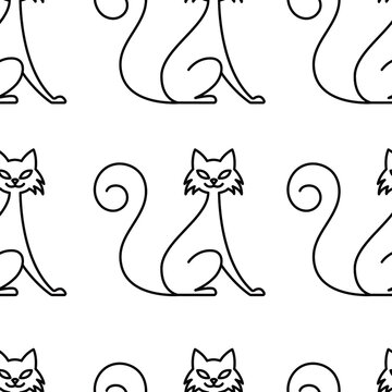 Vector seamless pattern: linear siting cartoon cats . Black and white design in line art style. For textile, walpaper, wrpping paper.