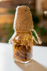 jars of pickled spice bottle jam decorated with sack