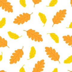 Autumn leaves seamless pattern, simple vector minimalist concept flat style illustration, yellow orange hand drawn natural floral ornament for invitations, textile, gift paper, autumn holiday decor