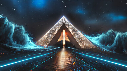 Fototapeta premium Abstract fantasy night landscape with pyramids, light effects. Night futuristic landscape, lights, desert, sand, light rays and sea waves. Modern abstraction of a futuristic world. 