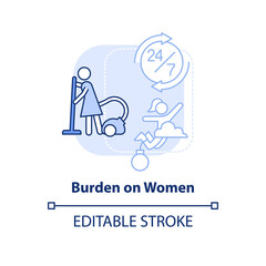 Burden on women light blue concept icon. Responsibility. Overcrowding social effect abstract idea thin line illustration. Isolated outline drawing. Editable stroke. Arial, Myriad Pro-Bold fonts used
