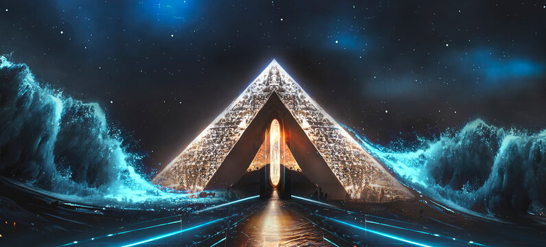 Abstract fantasy night landscape with pyramids, light effects. Night futuristic landscape, lights, desert, sand, light rays and sea waves. Modern abstraction of a futuristic world. 
