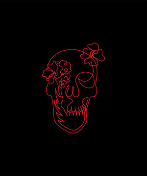Red skull with flowers on a black background drawn in one line. For Halloween, Dia de los Muertos. Vector illustration in minimal style.
