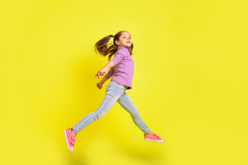 Fototapeta na wymiar Full length profile side photo of school kid jump rush school discount market isolated bright vivid color background