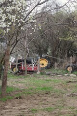 Industrial farm equipment in the fields.