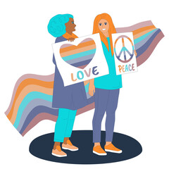 Woman protest. Lgbtq diversity rainbow supporting concept. Rainbow lgbt flag wave. Happy pride day. Love and peace slogan. Happy lesbian couple with placards.