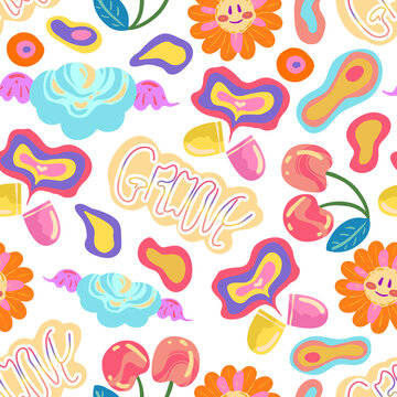Groovy retro style. Hippie elements. Various stickers, cherries, cloud, chamomile, vitamin. Vector seamless Pattern. Light background, wallpaper, cartoon style
