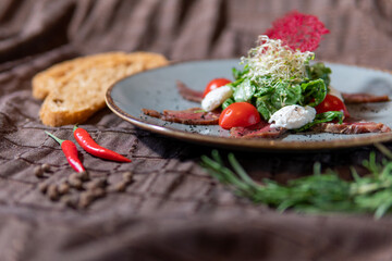 Meat salad with cured breast and mozzarella, tomatoes, herbs and chiabatta