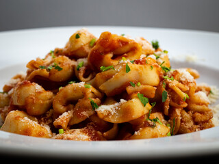 Pasta in tomato sauce, green herbs, parmesan 