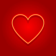 Heart neon light glowing red gradient background. Neon sign board wall blurred banner, poster, center heart on radial red gradient backdrop. Greeting card, invitation heart symbol.