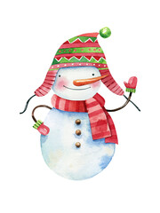 Cheerful, cartoon snowman in a hat and scarf watercolor illustration. Christmas, New Year character. Hand drawn cute snowman isolated on white background.