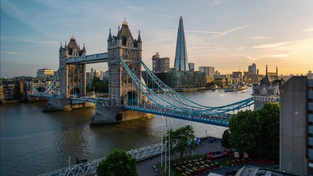 Sunset Timelapse high view of Tower Bridge and the Thames River