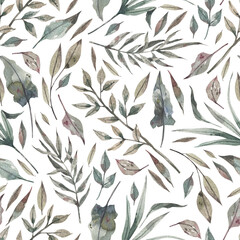 Delicate, watercolor pattern with wild leaves, herbs and branches on a white background. Field greens seamless pattern. Watercolor nature illustration for fabrics, textiles, wallpapers.