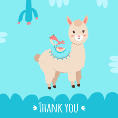 Vector thank you cards. Posters with cute alpaca and a bird on my back. Llama on blue  backgrounds with  cactus