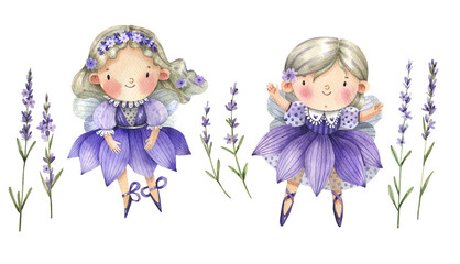 Cute, magical fairies and lavender flowers watercolor illustrations set. Fairies in  purple dresses, lavender fairies. Kids illustration, hand drawn, watercolor.