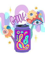 Vector illustration.1970 style, Groovy. Psychedelic mushrooms, soda can, lava lamps. Postcards, stickers, posters. Cartoon style