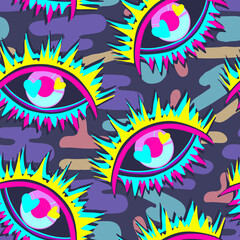 Fototapeta na wymiar 1970 style. Psychedelic eye, neon colors. Vector seamless Pattern. Grey background, wallpaper, cartoon style