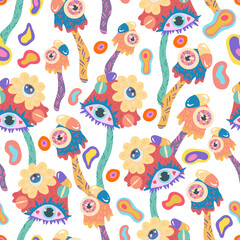 Fototapeta na wymiar Groovy retro style. Hippie elements. Psychedelic mushrooms with eyes. Vector seamless Pattern. Light background, wallpaper, cartoon style