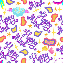 Groovy retro style. Hippie elements. Lettering happy mind. Vector seamless Pattern. Light background, wallpaper, cartoon style