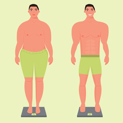 Before and after weight loss concept. Young sad overweight man and happy man with a slender body standing on a scale in shorts. Fat and slender boys vector illustration. Slim posture and obesity