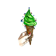 Watercolor illustration of woman hand with red fingernails holding the green ice-cream cone, like a new year tree,isolated on white background. 