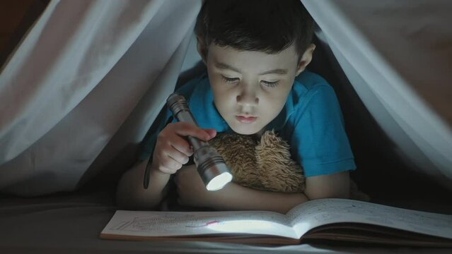 Little Asian boy lying on bed under blanket with stuffed toy and reading book with flashlight at night