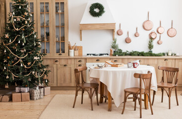 Light wooden kitchen with Christmas decoration