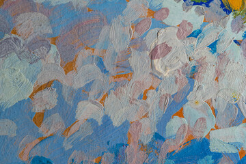 Abstract background closeup of a painting with brushstrokes. Rough art paint smear. Large multicolor spots of brush strokes and palette knife on the canvas