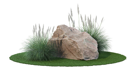 The garden is decorated with grass and stones.  On a white background