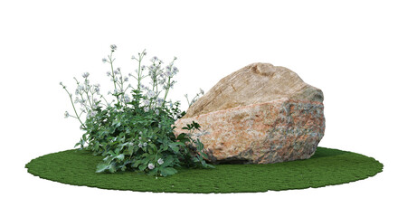The garden is decorated with grass and stones.  On a white background