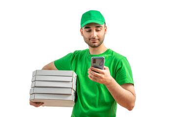 Pizza Delivery Driver with pizza box, smartphone app. Uniform cap and t-shirt. Courier young man holding a cardboard package. Character, isolated white background  for mockup design