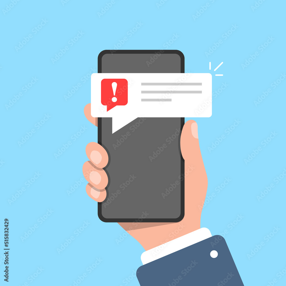 Poster phone notifications icon in flat style. smartphone with exclamation point in hand vector illustratio
