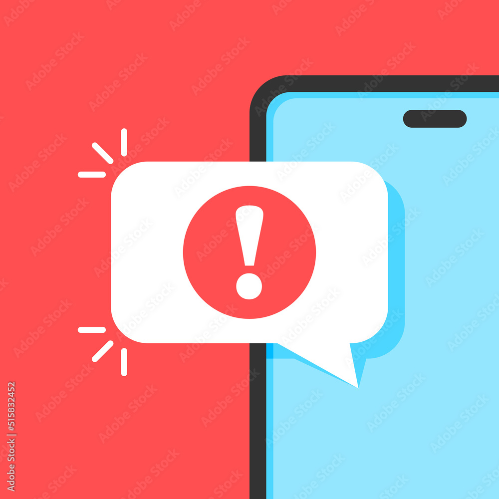 Poster phone notifications icon in flat style. smartphone with exclamation point vector illustration on iso