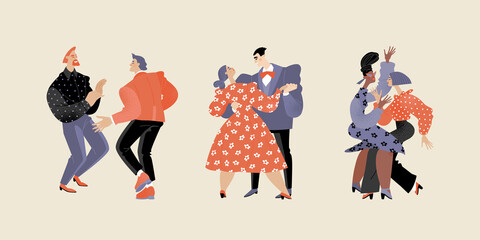 Set of vector images of dancing people. Cheerful happy couples of different sexual orientations