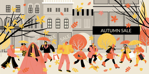 Vector illustration of autumn sale. Cityscape with people carrying boxes and shopping bags.