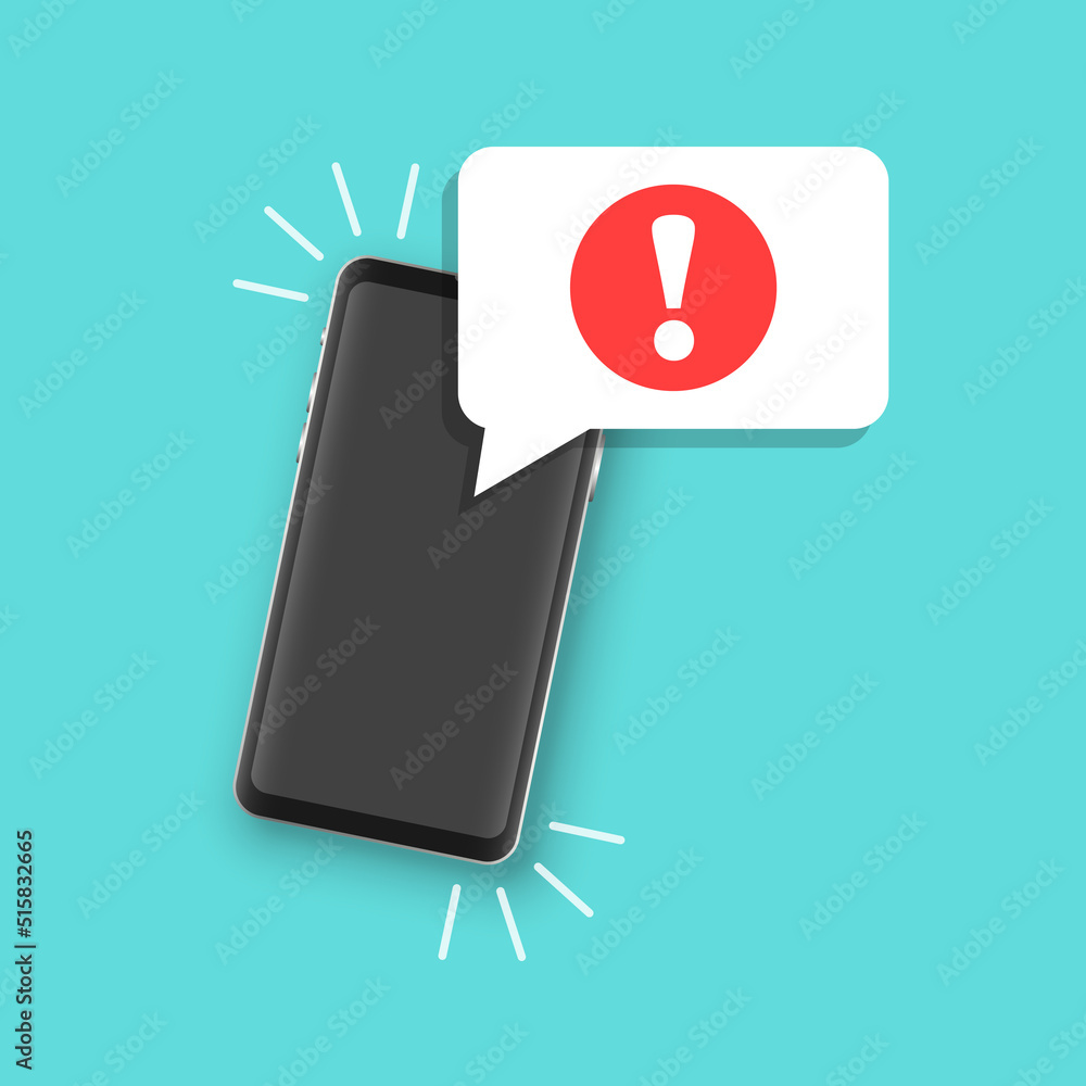 Poster phone notifications icon in flat style. smartphone with exclamation point vector illustration on iso