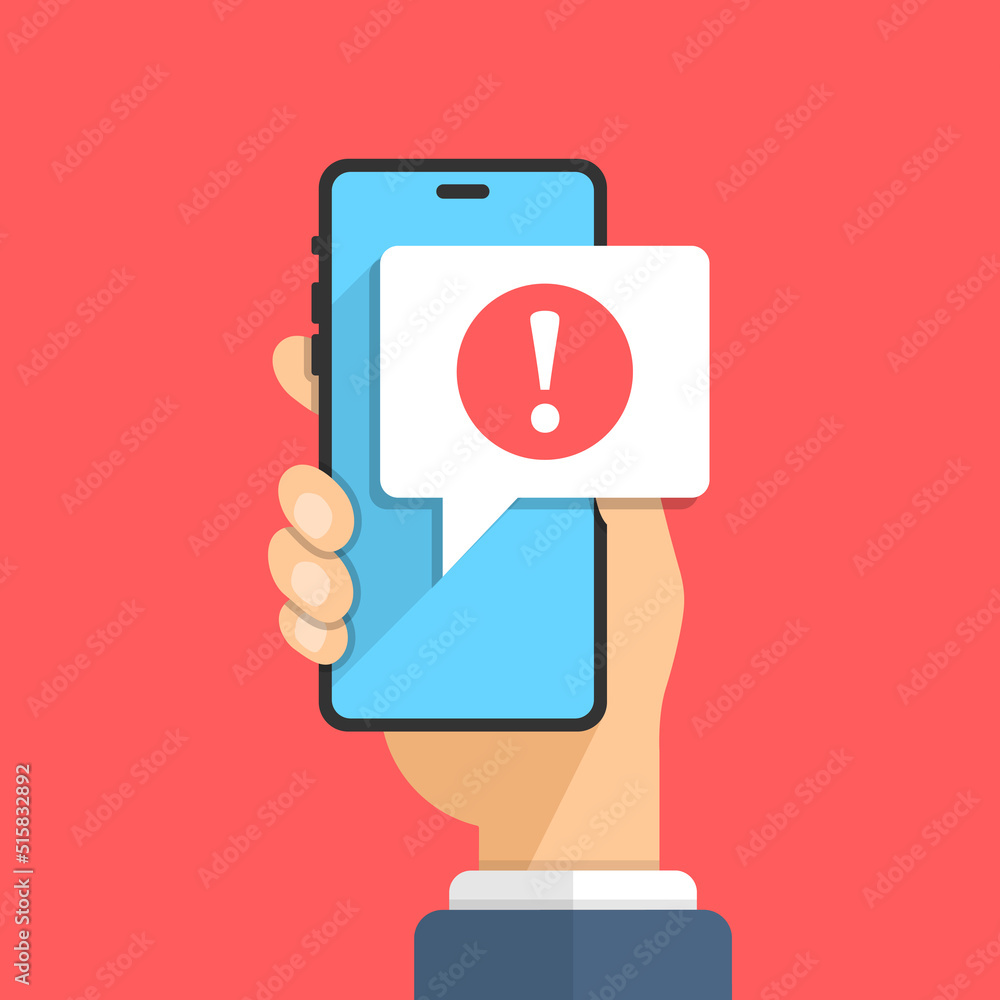 Poster phone notifications icon in flat style. smartphone with exclamation point in hand vector illustratio