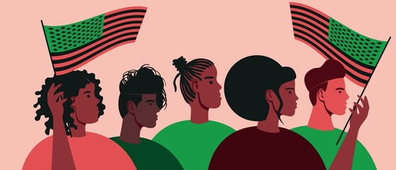 African Americans celebrate Independence Day, flat vector stock illustration with people on parade, crowd of women and man with Black Liberation flag