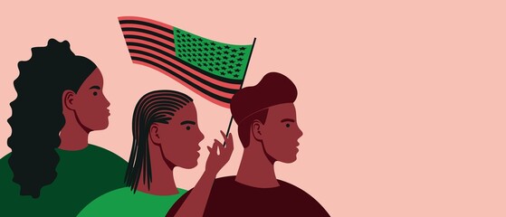 African Americans with Black Liberation flag celebrate Independence Day, flat vector stock illustration with people on parade, copy space for design