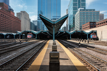 Looking down walkway of urban transportation center in downtown Chicago with commuter trains