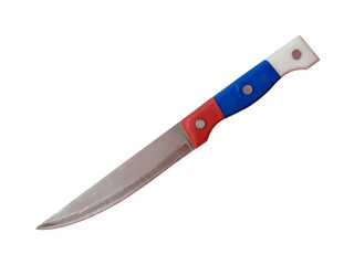 A stainless steel kitchen knife with a sharp blade and a multicolored ergonomic handle in red blue and white is shown on a white background. Rivets on the handle add durability and a sleek design.