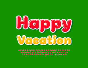 Vector colorful flyer Happy Vacation.  Glossy Red Font. Bright Creative Alphabet Letters, Numbers and Symbols set