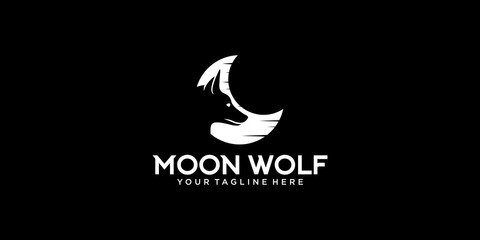 wolf head and moon night logo design silhouette