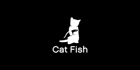 Silhouette logo design of cat holding fish, hungry cat, cute pet, pet shop, with cat and fish